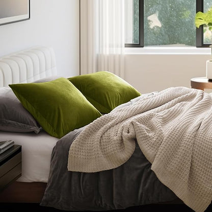 PHF Super Soft Velvet Pillowcases King Size, No Insert, 2 Pack Luxury Cozy Warm Pillow Shams Covers with Envelope Closure, 20" X 36" Cozy Fuzzy Flannel Pillow Case, Olive Green