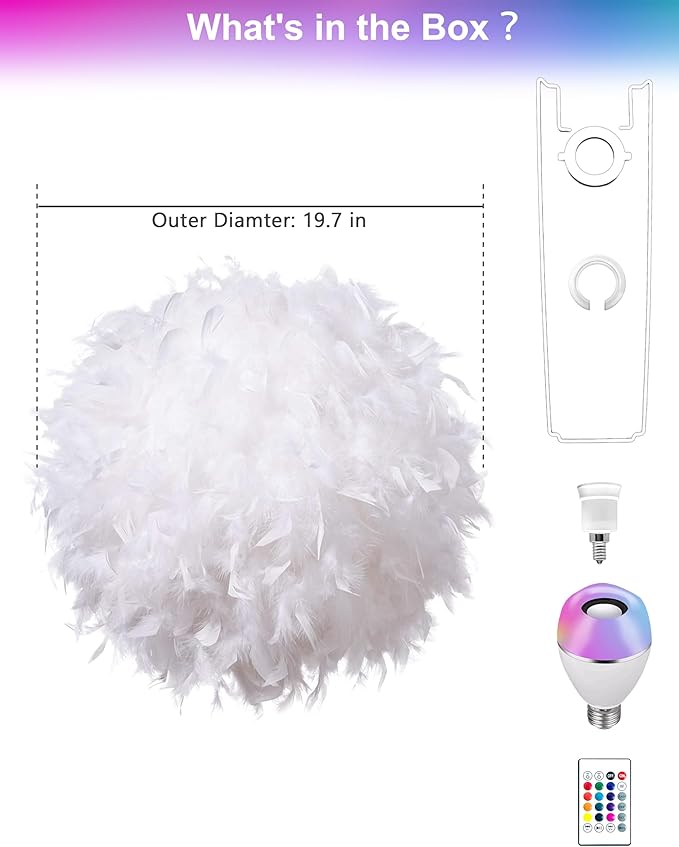 Star Vision Smart Feather Lamp with RGB Light Bulb, Built-in Bluetooth Speaker, Remote & APP Control, Fluffy Girl Room Decor, 600 Lumens, 19.7inches, White