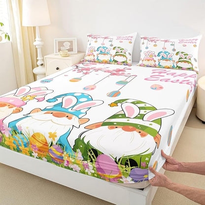 Lovely Gnome Fitted Sheet Twin Size Eggs Flowers Happy Easter Bedding Set for Kids Bedroom Floral Spring Cartoon Bed Sheet Set 2pcs White Colorful Deep Pocket Mattress Cover,No Top Flat