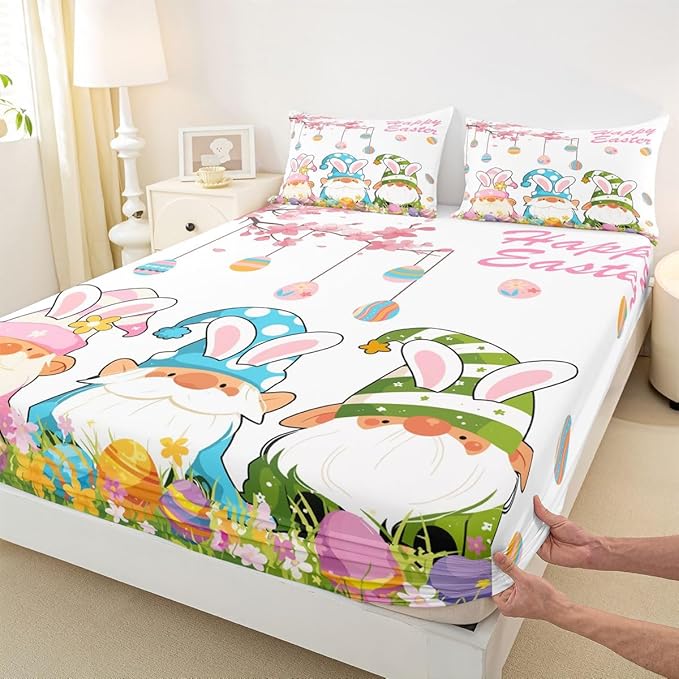 Lovely Gnome Fitted Sheet Queen Size Eggs Flowers Happy Easter Bedding Set for Kids Bedroom Floral Spring Cartoon Bed Sheet Set 3pcs White Colorful Deep Pocket Mattress Cover,No Top Flat