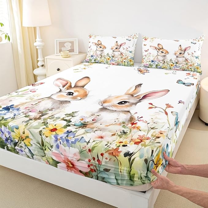 Cute Rabbits Bed Sheet Full Size Easter Watercolor Spring Bedding Set Flower Floral Farmhouse Fitted Sheet Kids Boys Girls Room Decor White Colorful Soft Sheets with 2 Pillowcase,No Top Flat