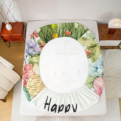 Happy Easter Bed Sheet Queen Size Easter Egg Kawaii Rabbit Bedding Set Spring Flower Farmhouse Fitted Sheet Kids Boys Girls Room Decor Green Colorful Soft Sheets with 2 Pillowcase,No Top Flat
