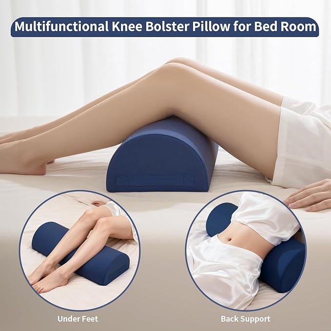 Knee Pillow for Back Sleeping - Half Moon Under Knee Pillow for Sleeping on Back - Memory Foam Bolster Pillow for Legs Support, Removable Cover & Humanized Handle (Navy Blue)