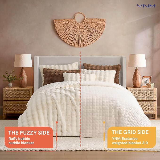 YnM Ultra-Soft Weighted Blanket, Fluffy Bubble Cuddle Heavy Bed Blanket, Plush Faux Fur Big Comforter, Soft & Warm Home Decor Piece (Cream, 90''x90'' 15lbs, Full/Queen)