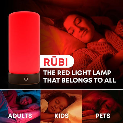 Rubi Red Light Therapy Lamp – 670nm Wavelength for Natural Sleep, Relaxation & Wellness | Adjustable Brightness for Bedroom Light | Elegant Glass & Wood Design | One-Touch Lamp Switch