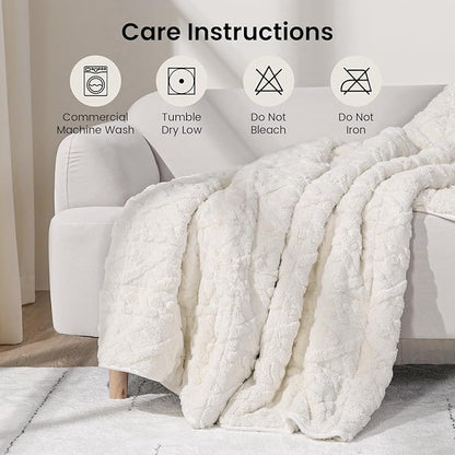 Drewin Weighted Blanket for Adults Queen Size 15 lbs, Soft Fuzzy Jacquard Sherpa Weighted Blankets for Sleeping, Cozy Sofa Bed Blanket for Winter, Cream White, 80 x 87 inches