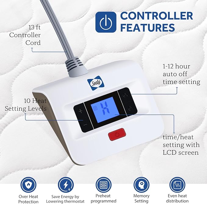 Sealy Heated Mattress Pad Twin Size, Luxury Quilted Electric Bed Warmer with 10 Heat Settings & Auto Off 1-12 Hours | Fit Up to 15" Deep Pocket | ETL Certified | Machine Washable