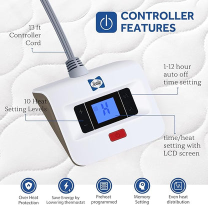 Sealy Heated Mattress Pad Twin Size, Luxury Quilted Electric Bed Warmer with 10 Heat Settings & Auto Off 1-12 Hours | Fit Up to 15" Deep Pocket | ETL Certified | Machine Washable