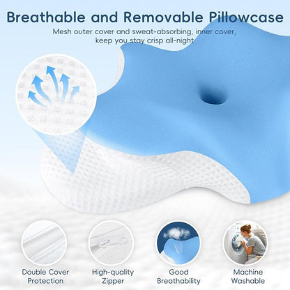 Cervical Neck Pillow for Pain Relief, Ergonomic Contour Pillow for Sleeping, 2 Heights Cooling Pillow for Neck and Shoulder Support, Memory Foam Orthopedic Pillow for Side Back Stomach Sleepers Blue