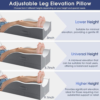 Leg Pillow, Leg Elevation Pillow with Pad and Memory Foam, Height Adjustable Bolster Pillow for Legs, Leg Pillow Elevation Blood Circulation, for Post-Surgery, Grey & White