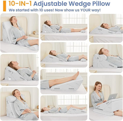 Sasttie Wedge Pillow Set for After Surgery, 2PCS Adjustable Bed Wedge Pillow Headboard with Memory Foam Neck Cushion – for Acid Reflux, Sleeping, Neck & Back Support, White