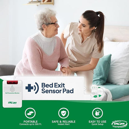 Smart Caregiver Wireless Bed Pad Alarm System with Weight Sensor Pad for Fall Prevention | 10" x 30" Alarm Pad for Bed Alerts Medical Caregiver | Cordless Bed Alarm with Up to 300' Range