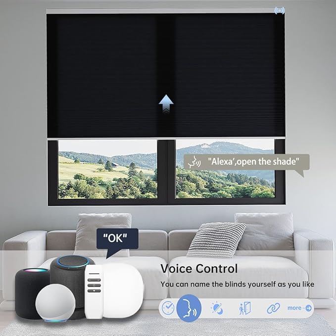 Motorized Cellular Shades with Remote, Light Filtering Smart Cellular Shades Compatible with Alexa, Honeycomb Window Blinds for Bedroom Home Office, Custom Size, Half Shading Midnight Spark