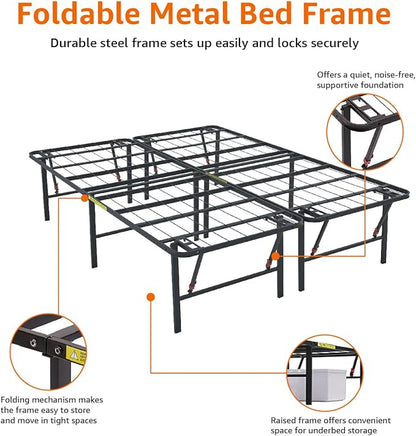 Amazon Basics Foldable Metal Platform Bed Frame with Storage Space, Sturdy Steel, No Box Spring Needed, 18 Inches High, Tool-Free Setup, Noise Free, King Size, Black