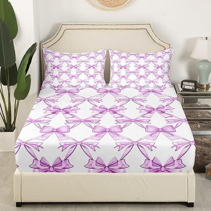 Purple Bowknots Bed Cover(1 Fitted Sheet+1 Pillow Case),Dreamy Princess Bow-tie Purple White Bedding Set for Room Decor,Watercolor Bow Crossed Lines Grids Paint Bed Sheet Set,3Pcs Full Size