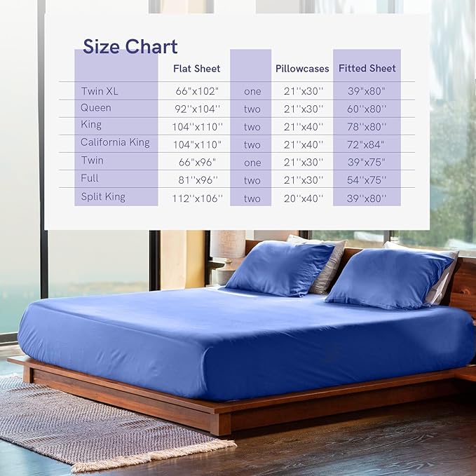 YnM Cooling Bed Sheet Set with 100 Percent Rayon Derived from Bamboo, 400TC Fabric with 1 Pillowcase and Flat Sheet, Deep Pocket Fit 19'', Silky-Soft & Sweat Wicking, 3 Piece (Twin, Dark Blue)