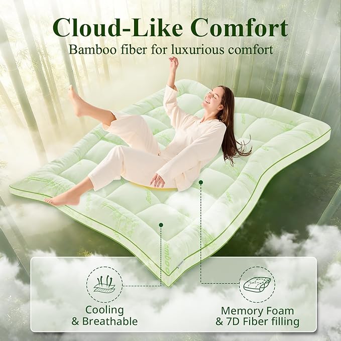 Memory Foam Mattress Topper - Viscose Made from Bamboo Pillow Top Thick California King Size Mattress Pad for Back Pain, Ultra Soft & Cooling for Hot Sleepers, 6-18'' Deep Pocket, Green