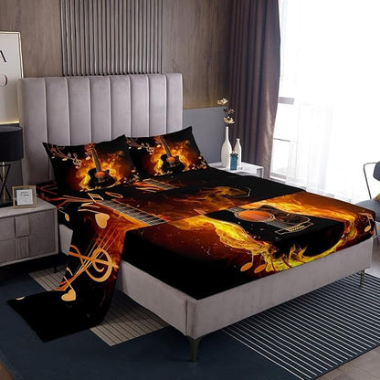 Electric Guitar Bed Sheet 4 Piece,Rock Music Theme Guitar Musical Notes Sheets Full Size Bed Set,Neon Yellow Glowing Modern Artistic Bedding Set with Flat,Fitted Sheet,2 Pillow Cases