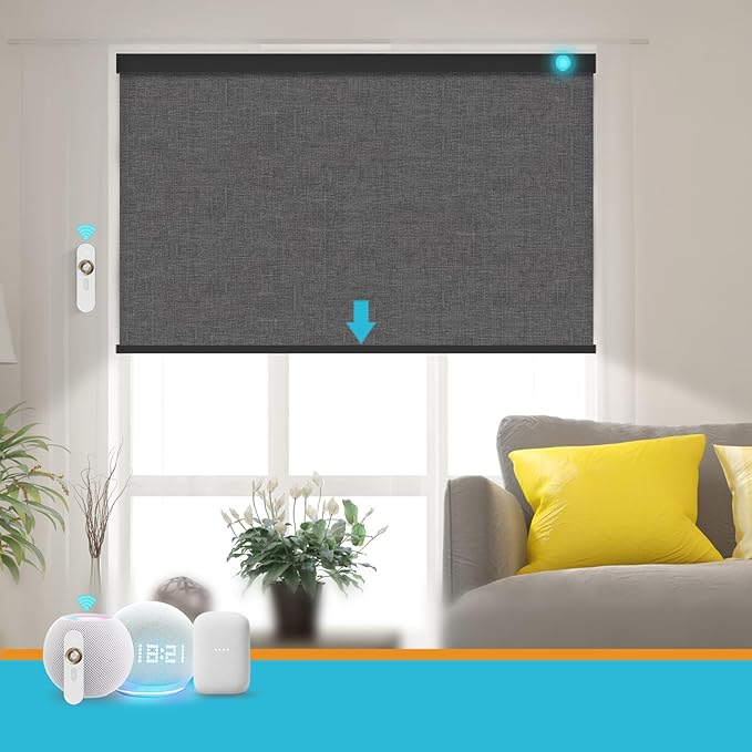 Motorized Blinds with Remote, Smart Blind Roller Shades Compatible with Alexa, Durable Rechargeable Battery Solar Power Electric Window Blinds Customized Size (3-Layer Dark Grey)