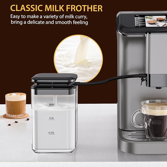 Automatic Espresso Machine with 20 Bar Pressure – One-Touch Coffee Maker, Built-in Grinder & Milk Frother, 6 Custom Recipes, 1.5L Water Tank, Auto Self-Cleaning, 120V for Home & Office (Grey)