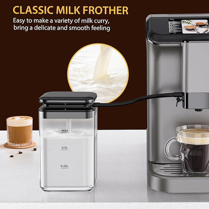 Automatic Espresso Machine with 20 Bar Pressure – One-Touch Coffee Maker, Built-in Grinder & Milk Frother, 6 Custom Recipes, 1.5L Water Tank, Auto Self-Cleaning, 120V for Home & Office (Grey)
