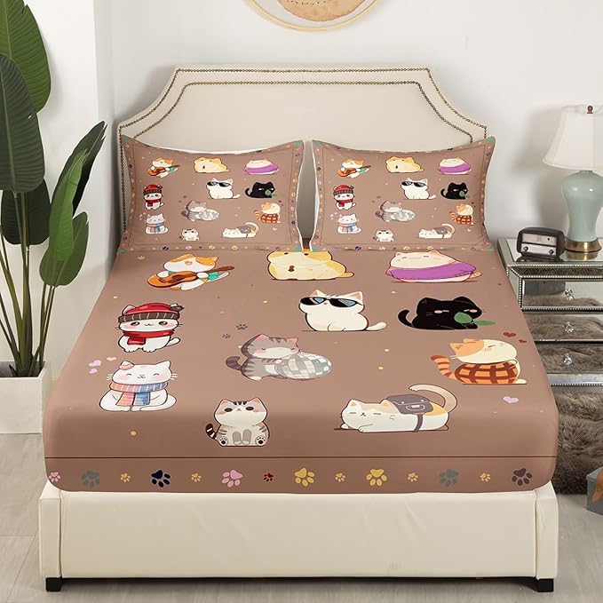 Kids Bedding Cute Cats Fitted Sheet Queen Size,Watercolor Cat Aniaml Cartoon Bedding All-Round Elastic Pocket,Colorful Cat Paw Print Bed Sheet 3 Pieces Fits Mattress