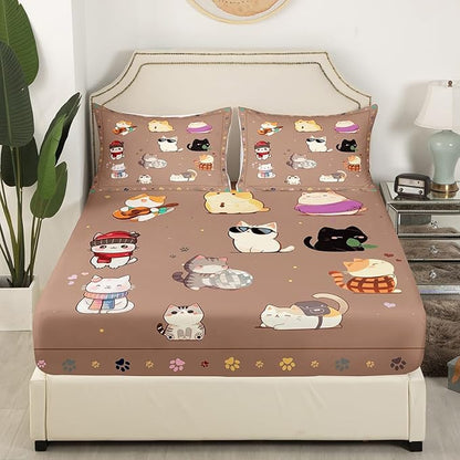 Kids Bedding Cute Cats Fitted Sheet Queen Size,Watercolor Cat Aniaml Cartoon Bedding All-Round Elastic Pocket,Colorful Cat Paw Print Bed Sheet 3 Pieces Fits Mattress