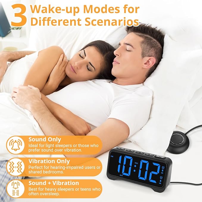 Loud Alarm Clock for Heavy Sleepers Adults, Vibrating Alarm Clock for Teens/Deaf, 7.5" Bright Clear Digital Screen, Adjustable Brightness with Night Light, 3 Levels Bed Shaker Under Pillow, Dual Alarm