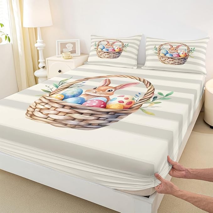 Happy Easter Fitted Sheet Queen Size Cute Rabbit Easter Egg Bedding Set for Kids Bedroom Kawaii Cartoon Animal Bed Sheet Set 3pcs Beige Gray Deep Pocket Mattress Cover,No Top Flat