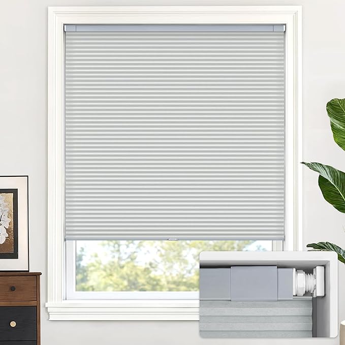 LazBlinds Cordless Cellular Shades, No Tools No Drill Light Filtering Honeycomb Shades Pleated Blinds for Windows, 46'' W x 64'' H, Dark Grey