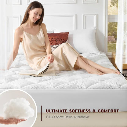 Full Size Mattress Topper, Thick Quilted Fitted Mattress Pad Cover Breathable Bamboo Viscose Cooling Mattress Protector with 6-18 Inch Deep Pocket, Machine Washable (54x75 Inches, White)