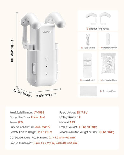 VEVOR Automatic Curtain Opener, APP and Remote Control, Hub Included, Electric Smart Curtain Opener Compatible with Alexa and Google Home, Timed Opening and Closing, Silent Mode, for Roman Rods