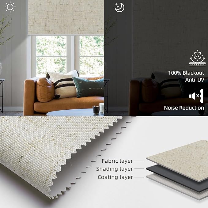 SmartWings Motorized Roller Shades Work with Homekit, 100% Blackout Smart Blinds for Windows, Cordless Remote Control Window Shades, Linen Stone, Customized Size