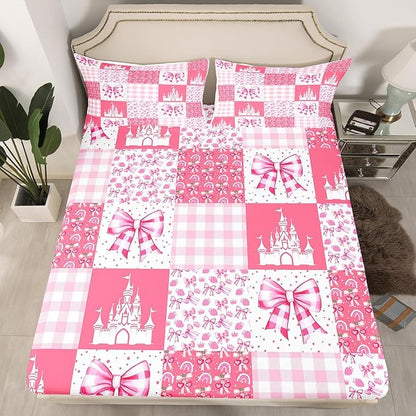 Princess Bowknot Fitted Sheet Queen Size,Fairy Tale Castle Cherry Bow Rainbow Graffiti Soft Bed Cover(1 Fitted Sheet+1 Pillow Case),Dreamy Pink Plaids Patchwork Girly Mattress Cover