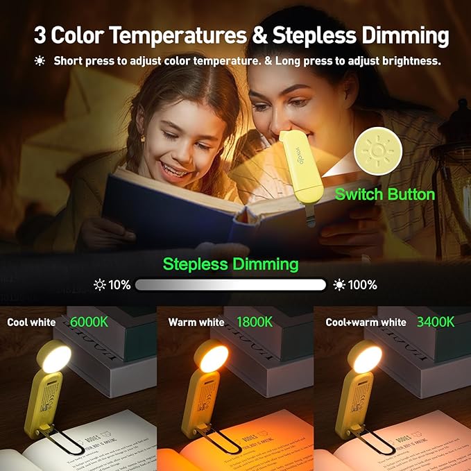 VAVOFO USB Rechargeable Book Light, Blue Light Blocking, Amber Clip-On Bookmark Shaped Reading Light with 6 LEDs and 9 Modes for Bedtime Reading