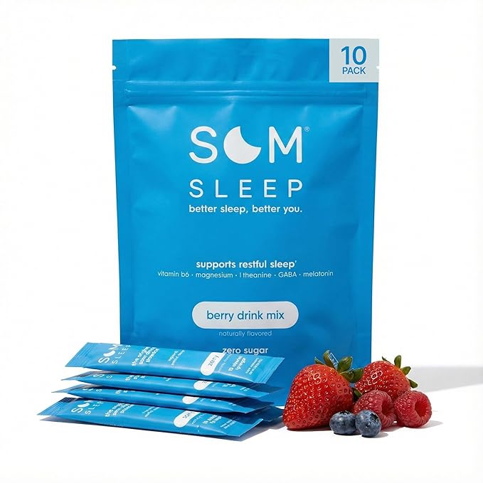 Som Sleep Zero Sugar Sleep Powder Drink Mix, Magnesium, L-Theanine, GABA, Melatonin (3mg), B6, Restful Sleep Support, Sleep Aid Supplement, Vegan, Non-GMO, Gluten-Free, 20 Stick Packs