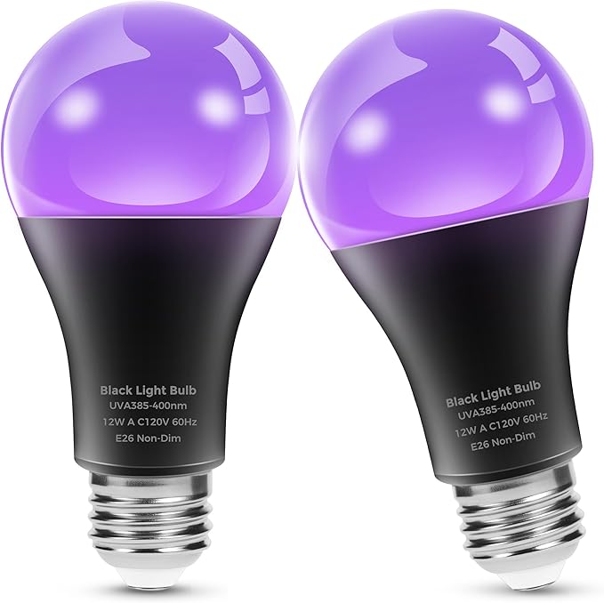 L LOHAS LED UV Black Light Bulbs, Halloween 12W A19 UV Blacklight, 100 Watt Equivalent, UVA Level 385-400nm Wavelength, Glow in The Dark for Body Art Paint, Fluorescent Poster, Neon Glow Party, 2 Pack