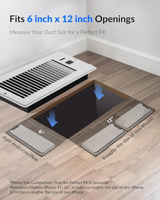 Super Quiet Register Booster Fan for 6" x 12" Register Holes, Smart Register Vent with Dual Intelligent Thermostat and WIFI App Control, Heating Cooling AC Vent Fan (White)