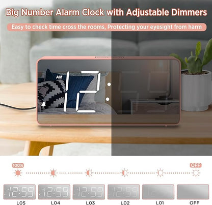 Peakeep Digital Clock, Alarm Clock Battery Backup Powered for Bedrooms - Mirror Face Large Numbers 6 Dimmers for Seniors, Super Loud for Heavy Sleepers (Pink)