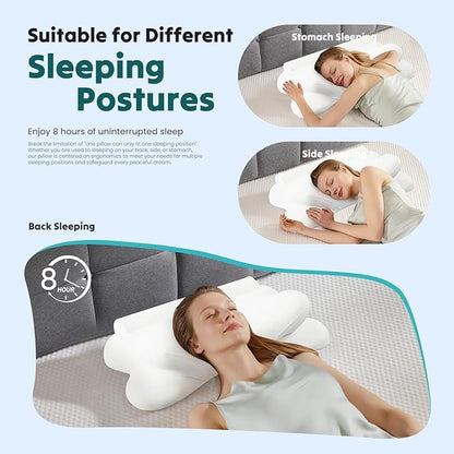 Sweetcrispy Cervical Neck Pillow - Contour Memory Foam Pillow for Neck Pain Relief with Cooling Pillowcase, Ergonomic Orthopedic Support for Side Back Stomach Sleepers, White