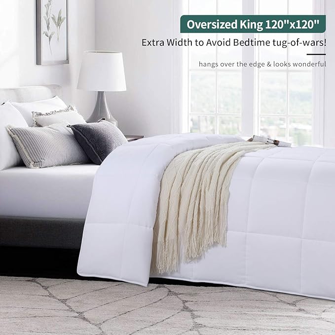 HOMBYS Oversized King Comforter 128x120, Lightweight Quilted Down Alternative Duvet Insert for All Season,White,8 Corner Tabs