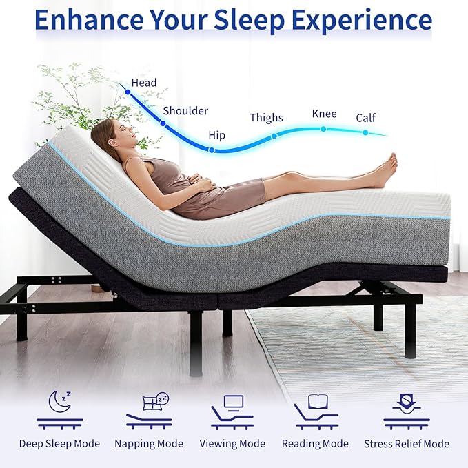 MUUEGM Queen Adjustable Bed Frame with Mattress,12 Inch White Gel Memory Foam Medium-Firm Mattress in Box,Pillow-Tilt, Head and Foot Lift, Updated AElectric Beds with APP Control,USB, Massage