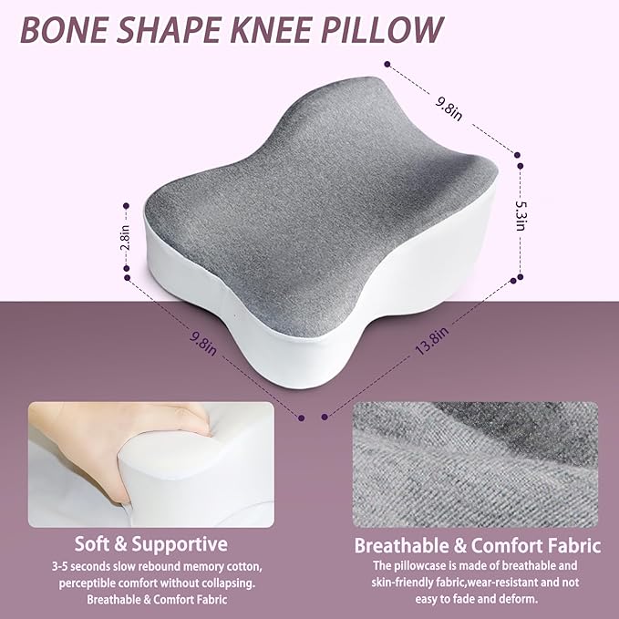 Knee Pillow for Side Sleepers, Long 13.8" Knee Leg Pillow for Side Sleeping, Memory Foam Smooth Spine Alignment Pillow, Sciatica Pain Relief Pillow with Ergonomic Design- Large, Gray (Original)