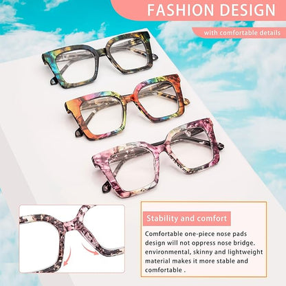 KoKoBin 3 Pack Stylish Square Frame Oprah Style Reading Glasses for Women, Blue Light Blocking Comfortable Readers