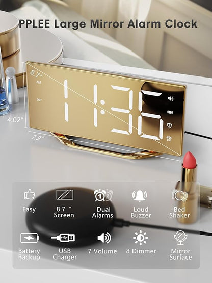 Loud Alarm Clock for Heavy Sleeper, 2 Alarms Big Display Clock with Bed Shaker for Hard of Hearing Deaf,Plug in Bedroom Mirror Clock,Phone Charger,Dimmer,Simple Digital Clock for Senior Adult Teen Kid