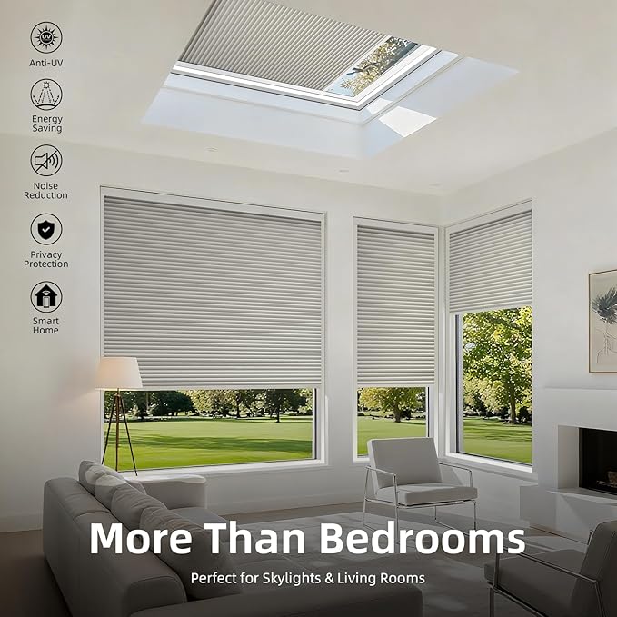 ZSTARR Motorized Skylight Shades Blackout Cellular Honeycomb Electric Blinds with Solar Panel Cordless Rechargeable with Remote for Roof and Slanted Windows (Blackout Earth Grey)