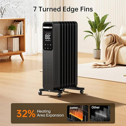 ZAFRO Oil Filled Radiator Heater, 1500W Energy Saving Space Heater with Curved Fin Design, Smart Touch Screen, ECO Mode & 24H On/Off Timer, Tip-Over & Overheat Protection for Bedroom Office Use, Black