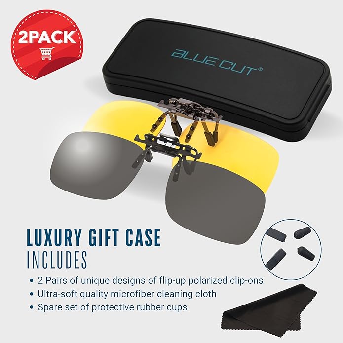BLUE CUT Clip on Polarized Night vision Glasses Flip up Sunglasses UV-400 to Wear Over prescription Glasses for night driving