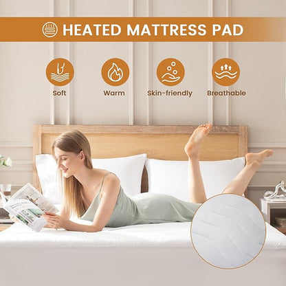 Heated Mattress Pad Twin, Quilted Electric Mattress Pad Bed Warmer with Single Controller, 6 Heat Settings 10-Hour Auto Off, 17 Inch Deep Pocket, Machine Washable, White