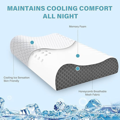 Cooling Pillows Queen Size Set of 2, Memory Foam Bed Pillows for Sleeping, Ergonomic Cervical Pillow for Neck and Shoulder Pain Relief, with Pillowcase（Grey）